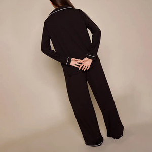 Women's Black Long Sleeve Pajama Set Knitted Satin Button Front Classic Sleepwear Full Length Loose Fit Two Piece Autumn Wear - Product Image 2