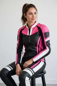 Women <b>Black</b> Pink White Leather Motorcycle Racing Suit Color Blocked <b>One</b> Piece <b>Bodysuit</b> Full Sleeve - Product Image 3