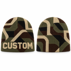 High Quality Acrylic Custom Abstract Camo <b>Knit</b> Beanie Unisex Green Brown Geometric <b>Pattern</b> Winter Hats Wholesale Streetwear Caps - Product Image 1