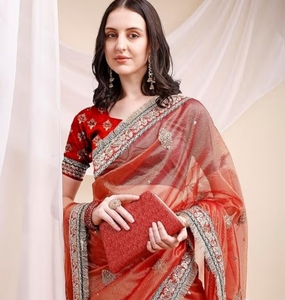 KV <b>Red</b> Organza Embellished Soild Saree With Unstitched <b>Blouse</b> - Product Image 3
