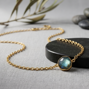 Best Selling Natural Labradorite 925 Sterling <b>Silver</b> 18K Gold Plated Necklace 16 Inch 10mm Round Trendy Wholesale Jewelry - Product Image 4