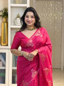 Sari traditionnel pour femme en soie pure Banarasi de luxe, tissé avec des fils d'argent Zari, doux, infroissable, protection solaire, hiver et été - Product Image 2