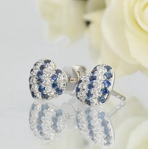Vintage Heart Shape <b>Stud</b> Earrings with Round Brilliant Cut Diamonds Blue Stones IGI Certified in 925 <b>Silver</b> for Women's Party - Product Image 3
