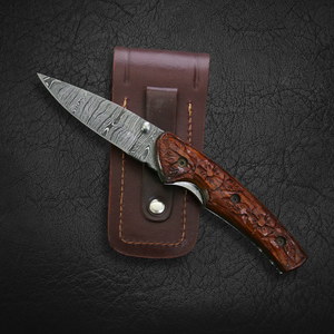 Couteau utilitaire pliant artisanal à lame droite de type Drop Point avec lame en acier Damas, manche en bois et étui en cuir - Qualité DIY - Product Image 6