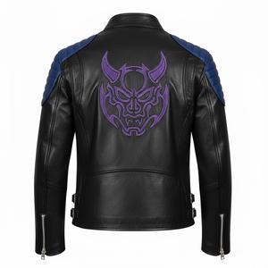 Blouson de motard en cuir noir pour homme, coupe-vent gothique à capuche avec broderie flamme violette, manteau de moto personnalisé, veste streetwear d'hiver - Product Image 6