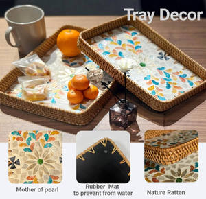 Bandeja Decorativa de Ratán Hecha a Mano con Incrustaciones de Madreperla, Diseño de Mosaico Geométrico, Estilo Bohemio, Forma Hexagonal - Product Image 6