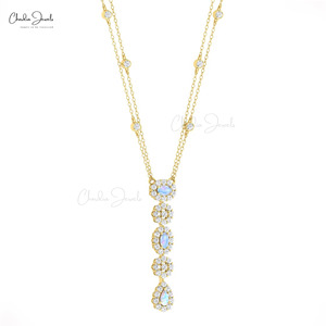 Collier en or massif 14 carats avec pierre de lune taille poire 5x3mm et halo de diamants, bijoux fins personnalisés pour femmes, Chordia Jewels - Product Image 1