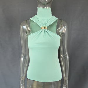 White Turtleneck Sleeveless Tank <b>Top</b> With <b>Metal</b> Ring Bow Detail Elegant Knitted Solid Women's <b>Tops</b> - Product Image 3