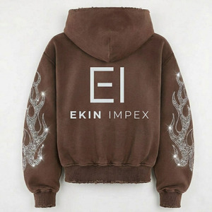 เสื้อฮู้ดผู้ชายสีน้ำตาลของ Ekin Impex ลายเปลวไฟประดับเพชร ซิปยาวเต็มตัว แจ็คเก็ตผ้าฟลีซลำลองสำหรับใส่ในฤดูใบไม้ร่วง - Product Image 2
