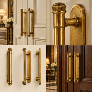 Poignée de porte classique à extrémité côtelée, finition dorée, longue poignée cylindrique pour armoire, quincaillerie de meubles - Product Image 6