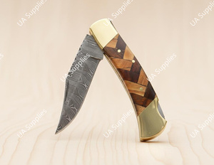 มีดพับเหล็กดามัสกัส ด้ามไม้ทองเหลือง ใบมีดแบบคลิปพอยต์ อเนกประสงค์ DIY EDC มีดพกพาสำหรับใช้งานกลางแจ้ง ล่าสัตว์ - Product Image 2