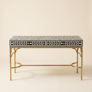 Table console moderne de luxe en os incrusté avec rangement pour salon, salle à manger, design floral, pieds en laiton, décoration intérieure - Product Image 1