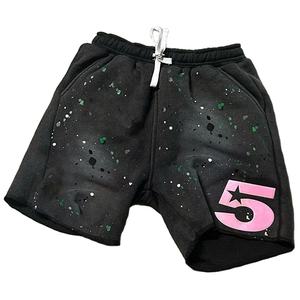 Pantalones Cortos Deportivos de Felpa de Algodón Grueso con Estampado de Salpicaduras de Pintura, Diseño Personalizado con Número 5 en Amarillo, Cordón Ajustable, Estilo Casual Urbano - Product Image 1