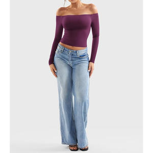 <b>Women</b> Off-The-Shoulder <b>Long</b> Sleeve Crop <b>Top</b> Solid Color Ruched Seamless Stretchy Yoga <b>Top</b> - Product Image 3