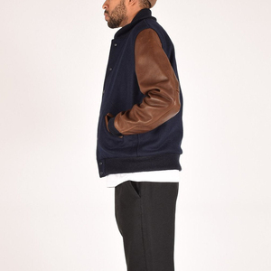 Navy Wool Brown Varsity <b>Jacket</b> <b>for</b> <b>Men</b> Classic Bomber Style Stand Collar Patchwork Outerwear Ribbed Hem Cuffs Zipper Closure - Product Image 4