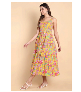 Vestido Midi de Algodón Estampado Amarillo para Mujer, Informal, para Fiestas de Verano, Elegante y Moderno, Ropa de Algodón a la Moda - Product Image 3