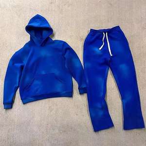 Ensemble de survêtement 100% coton délavé à l'acide, pantalon à 6 poches et sweat à capuche zippé, impression en relief, coupe oversize, pour homme, hiver - Product Image 1