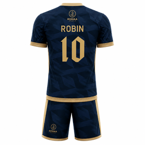 Conjunto de Camiseta y Pantalones Cortos de Fútbol Personalizados en Azul Marino Oscuro y Dorado, Cuello en V, Uniforme de Fútbol Sublimado con Patrón Geométrico, Conjunto de Camiseta de Fútbol OEM - Product Image 1