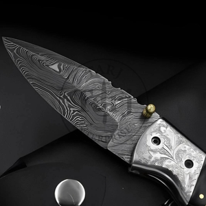 Couteau pliant EDC Premium Damas pour le camping en extérieur, couteau de poche personnalisé haut de gamme avec manche en bois et corne, lame Drop Point - Product Image 3