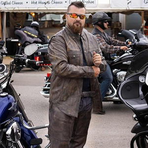 SAMROZ SPORTS Men's '<b>Button</b> Down' Distressed Grey Lightweight Casual Biker Leather Shirt - Product Image 2