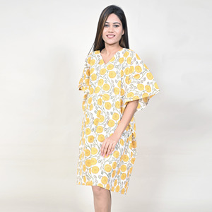 Vestido Kaftán Floral Gótico Amarillo Vintage, Cuello en V, Corte Holgado, Transpirable, de Algodón Tejido, Estilo Bohemio, Casual para Verano y Aire Libre - Product Image 5