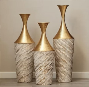 Elegant set of three tall cylindrical <b>gold</b> metal <b>vases</b> with beautiful openwork lattice design available at wholesale prices. - Product Image 1