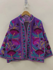 Purple Suzani Embroidery <b>Velvet</b> <b>Jacket</b> Vintage Boho Coat Unisex Winter <b>Jacket</b> Ethnic Chic Outerwear - Product Image 3
