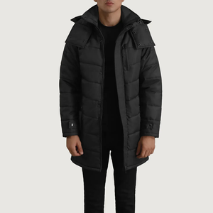 <b>Men's</b> Solid <b>Black</b> Hooded Puffer Jacket <b>Long</b> Windproof Winter <b>Coat</b> Zipper Stand Collar - Product Image 1