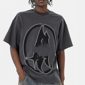 Camiseta Vintage de Algodón con Gráficos de Diamantes de Imitación, Estilo Urbano, Cuello Redondo, Oversize, Manga Corta, Hombros Caídos, para Verano - Product Image 5