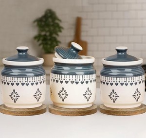 Ensemble de pots de rangement en céramique de qualité supérieure, design rayé pastel, couvercle en bois, hermétique, durable, organisateur de cuisine, décoration moderne - Product Image 5
