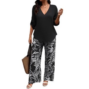 Conjunto Casual de Dos Piezas para Mujer, Cuello en V, Manga Larga, Estampado Digital, Transpirable y Cómodo, para Uso Diario en Otoño, Poliéster/Algodón - Product Image 1