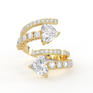 14K 18K Gold <b>Two</b> <b>Stone</b> Heart Cut Lab Grown Diamond Bypass <b>Ring</b> Contemporary Crossover Pave Accent Solitaire Engagement Band - Product Image 1