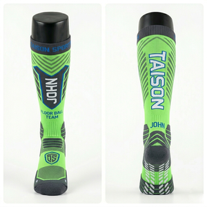 Mens Floorball <b>Socks</b> High Quality GSM Breathable Nylon Cotton Fabric Blue White Panel Support Custom Woven Logo men <b>socks</b> - Product Image 5