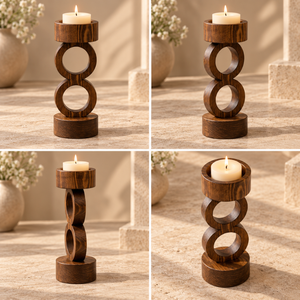 Wooden <b>T</b> <b>Light</b> <b>Candle</b> Holder Double Ring Tealight Stand Rustic Table Decor Natural Grain Pedestal Accent | Freestanding Ornament - Product Image 3