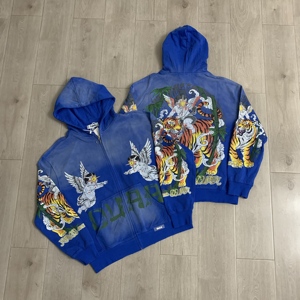 เสื้อฮู้ดซิปผู้ชายสีน้ำเงิน สไตล์สตรีทแวร์ ทรงโอเวอร์ไซส์ พิมพ์ลายเสือและนางฟ้า เหมาะสำหรับใส่ลำลองในฤดูใบไม้ร่วง - Product Image 3