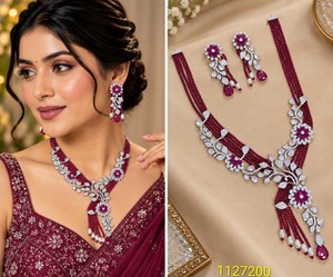 Elegant Floral AD Crystal Necklace & Dangle Earrings <b>Set</b> Luxury Handcrafted Pearl <b>Beaded</b> Bridal Jewelry <b>Sets</b> For Wedding Parties - Product Image 5