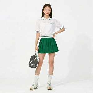 Women's Custom One <b>Set</b> Pickleball Sports Wear <b>White</b> Oxford Polo Elastic Waist Colored Pleated Skort Quick Dry Preppy Style - Product Image 1