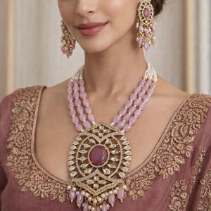 Ethnic Traditional Kundan Brass Pink Pearl Beaded Women's Bridal Jewellery Set for <b>Wedding</b> <b>Anniversary</b> Gift - Product Image 1
