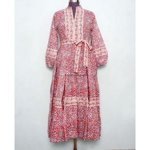 เดรสลำลองทรงเอไลน์ คอวี แขนพอง ลายพิมพ์บล็อกด้วยมือสำหรับผู้หญิง ไซส์พลัส กระดุมผ่าหน้า ความยาวระดับข้อเท้า เอวธรรมชาติ - Product Image 3