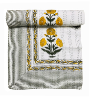 Couvre-lit Kantha à motifs floraux jaunes, tissé à la main, en coton écologique, design classique, pour toutes les saisons, décoration d'intérieur, Rajasthan