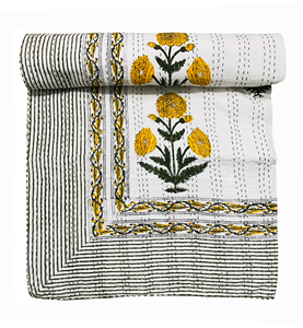 Hand Block Yellow Floral Kantha <b>Quilt</b> Eco-Friendly Cotton Classic Design All-Season Home Decor <b>Bedspread</b> Rajasthan - Product Image 3