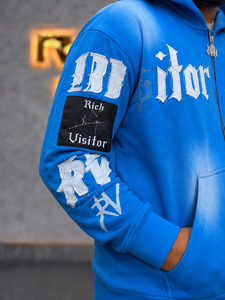 Sweat-shirt à capuche bleu pour homme, style streetwear oversize, avec impression de lettres sur le devant et rayures sur les manches, en coton French Terry. - Product Image 3