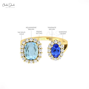 Nuevo Anillo de Doble Halo con Aguamarina y Tanzanita de Corte Cojín de 8x6mm en Oro Sólido de 14K, Fabricante de Joyería ODM - Product Image 6
