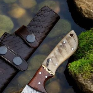 Cuchillos de Caza para Supervivencia al Aire Libre con Hoja Ancha con Patrón Damasco, Empuñadura con Ranura para el Dedo y Funda de Cuero Marrón para Viajes de Campo - Product Image 3