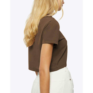 Camiseta Corta Marrón para Mujer, Cuello Redondo, Manga Corta, Color Sólido, Estilo Casual, para Todas las Temporadas, 100% Algodón Jersey - Product Image 3