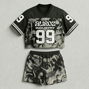 Ensemble en jersey respirant Aliroz Industry, haut court à manches courtes et col en V, short à cordon de serrage, impression par sublimation, streetwear d'été - Product Image 1