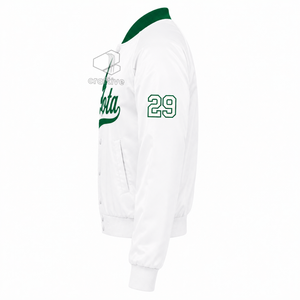 Iota Phi Lambda Sorority Women's Green <b>White</b> Contrast Satin Varsity Jacket Snap <b>Button</b> Front Rib Knit Collar Cuffs College Wear - Product Image 3