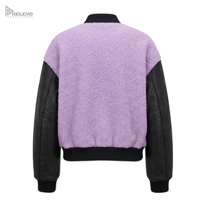 Veste universitaire en polaire sherpa personnalisée, unisexe, lavande, violet, noir, manches en cuir, veste bomber, OEM/ODM personnalisé - Product Image 2