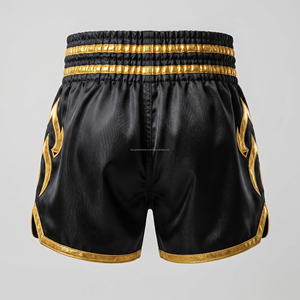 Pantalones Cortos de Muay Thai para Hombre con Ribete Dorado Metálico Personalizado, Pantalones Cortos de Kickboxing de Satén Negro Premium, Pantalones Cortos de Lucha MMA con Logotipo Personalizado al por Mayor - Product Image 2
