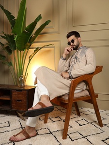 <b>Men</b> Beige Embroidered <b>Kurta</b> Pajama Set Regular Fit Traditional Wear Indian Pakistani Knee-Length Casual Wear - Product Image 4